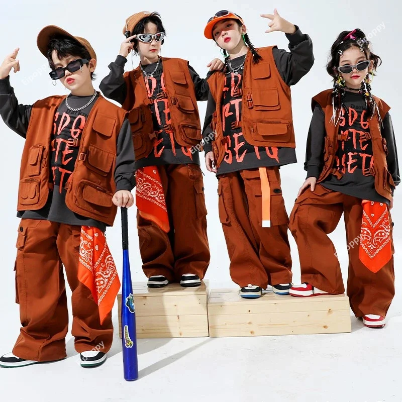 Hip Hop Girls Cool Sweatshirt Vest Cargo Pants Boys Jazz Street Dance Pullovers Children Clothes Sets Kids Streetwear Costumes