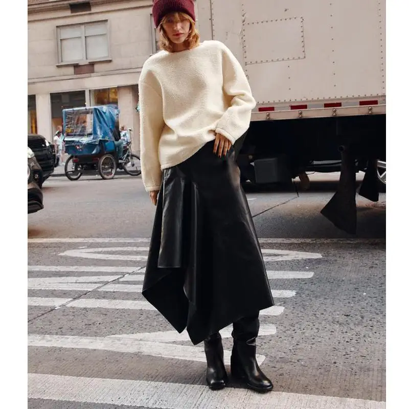 

Autumn Winter New Arrival Women's PU Leather Asymmetrical Midi Skirt Cake ape mid Waist Design Polyester Fiber 00%