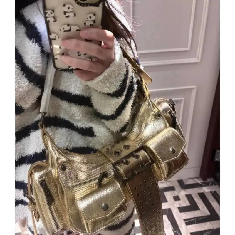 Bloom High Street Sier Y2k Shoulder Women Rivet Pocket Chic Casual Underarm Bag Hot Girls Moto Biker Crossbody Bags New