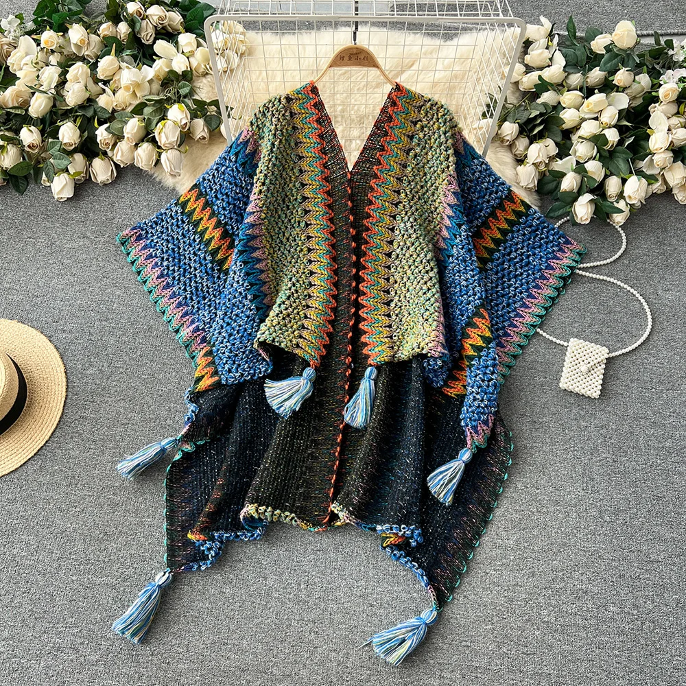 Croysier Bohemian Cape For Women Tassel Asymmetric Hem Shawl Cardigan Sweater Ethnic Style Vintage Zigzig Knit Poncho Cardigan