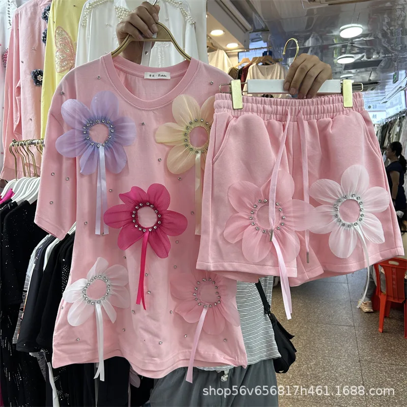 

Chic Women 3D Mesh Flowers Diamonds Beaded Loose T-shirts Rhinestones Tees Crystal Tops+elastic Waist Wide Legs Shorts 2Pcs Set