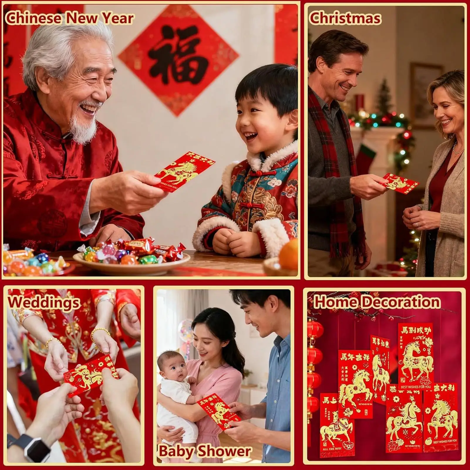 أظرف حمراء لعام الحصان 6 قطع من مستلزمات حفلات الأعياد وحزم حمراء لمهرجان الربيع لمخططي الأحداث وأعياد الميلاد وحفلات الزفاف #4