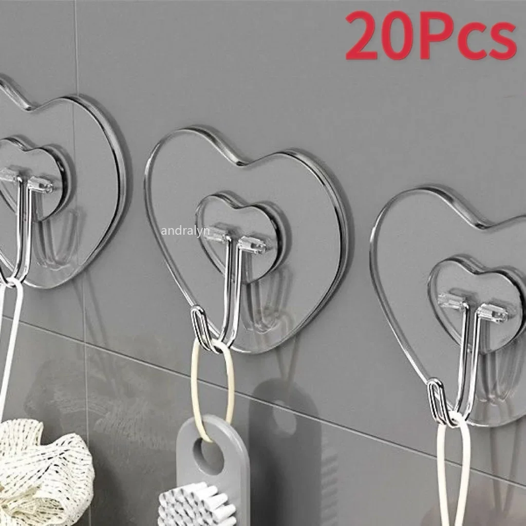 Heart Shape Transparent Hooks Non Punching Plastic Love Hangers Holder Self Adhesive Key Towel Multi-Purpose Hooks Storage Rack