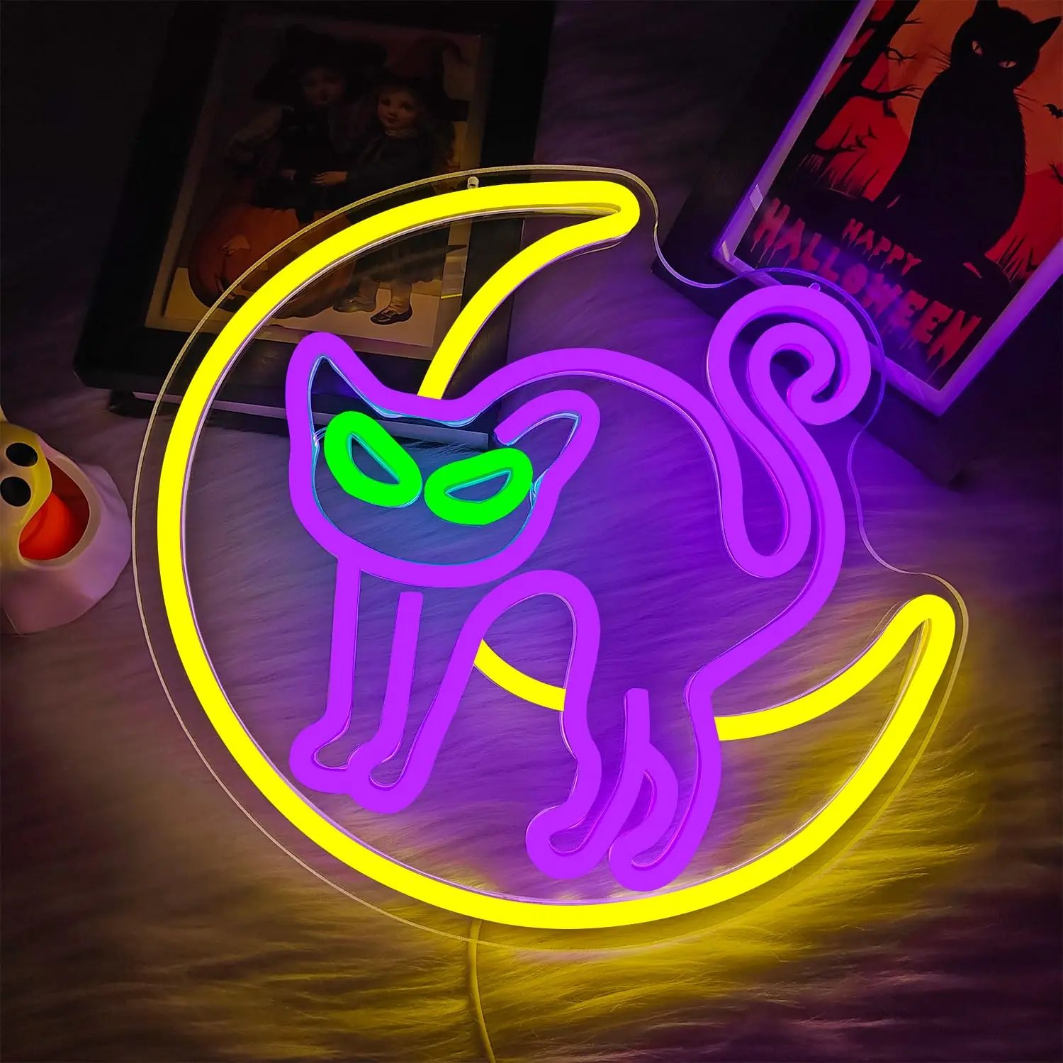

Cat Neon Halloween Sign Scary Glowing Moon Cat Led Sign Dimmable Neon Halloween Decorations Spooky Gifts Cat Lovers Kids Women
