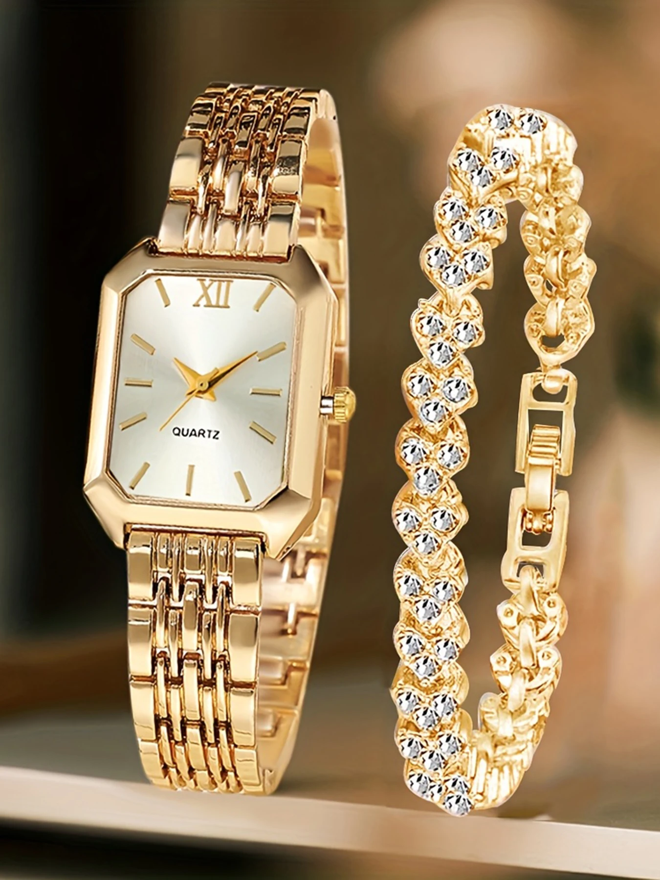 2pcs Elegant Women'S Watch Gift Set, Fashionable Romantic Heart Chain with Quartz Watch Set, Classic Retro