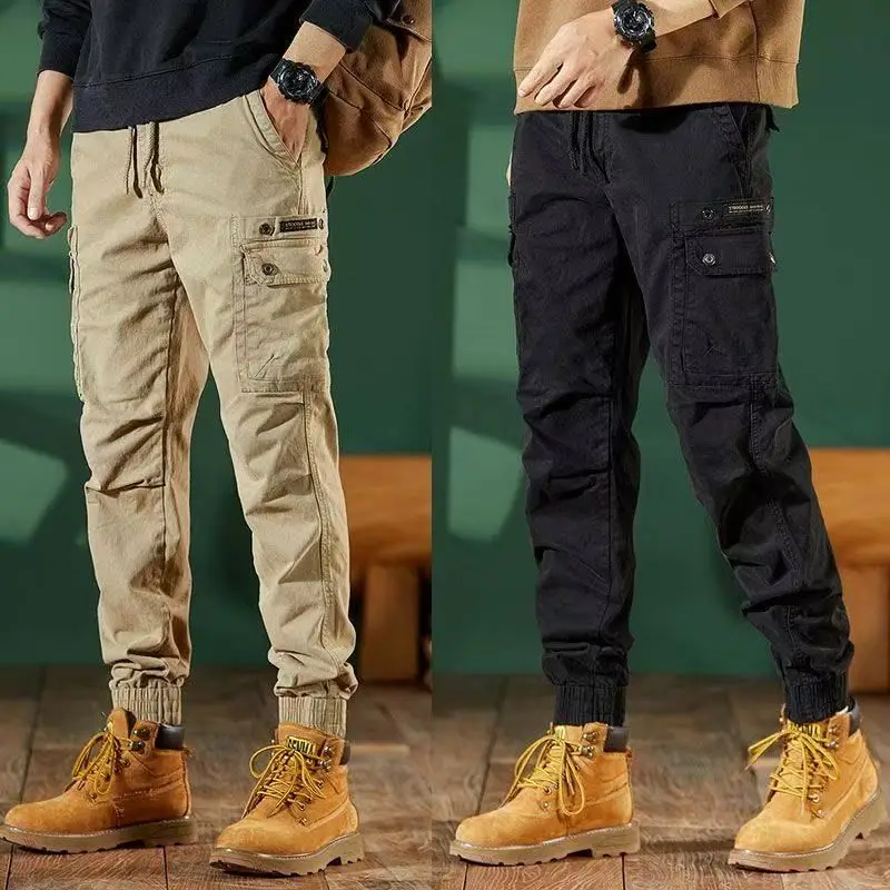

Мужские рабочие брюки осенне-зимние, новые, в американском ретро-стиле, с эластичным поясом, множеством карманов, с манжетами, повседневные, модные, функциональные брюки