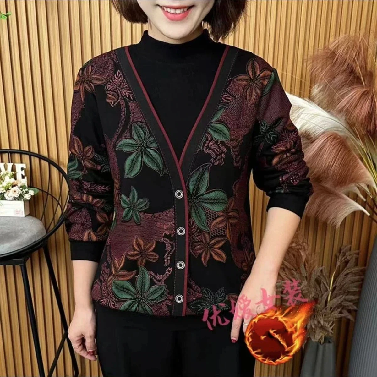 Women's Flannel Lined Floral Base Layer Elegant Fake Two Piece Mid-Age Mother Winter Tops