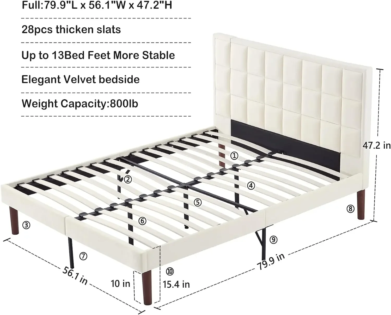 Full/Queen/King Bed Frame Velvet Upholstered Bed Frame with Higher Comfortable Headboard Platform Bed Frame Mattress