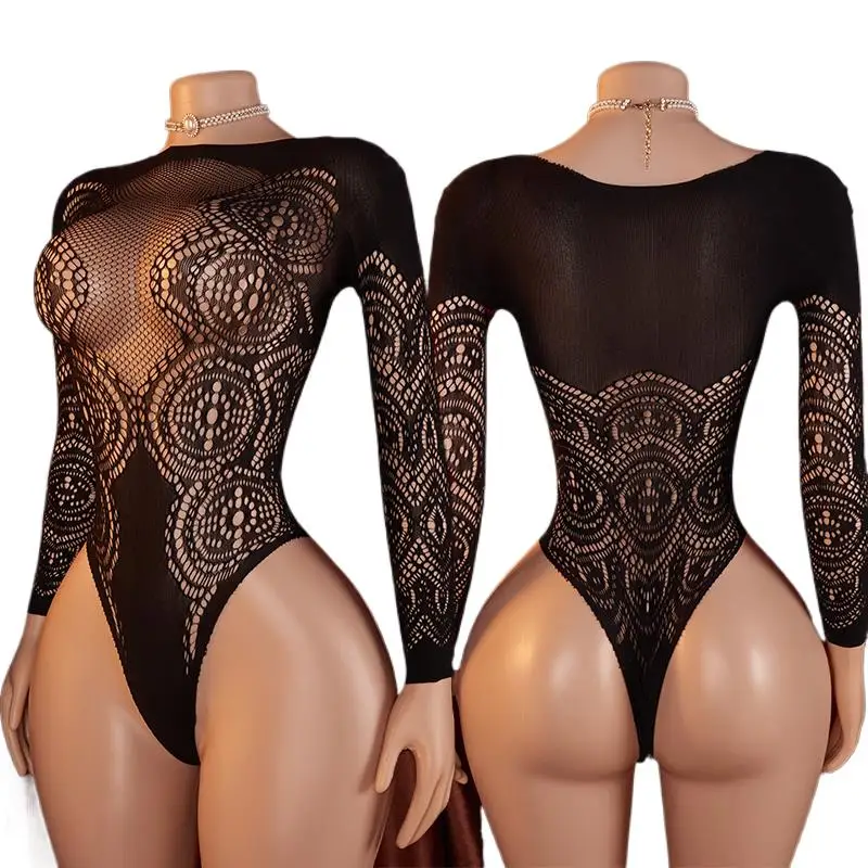 Hot One-piece See Through Women Lingerie Black Printed Mesh Tight Bodysuit Exotic Pajamas Long Sleeved Teddy Doll Erotic Costume