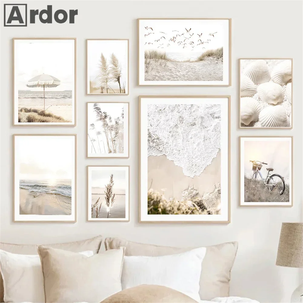 Beige Grass Flower Reed Poster Lake Beach Shell Landscape Picture Canvas Painting Wall Art Bohemia Prints Home Living Room Decor