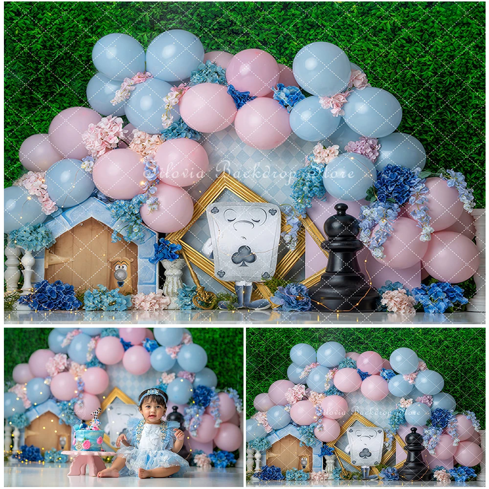 

Alices Adventure Land Photography Backdrop Children First Birthday Cake Smash Photo Background Balloon Flower Photo Studio Props