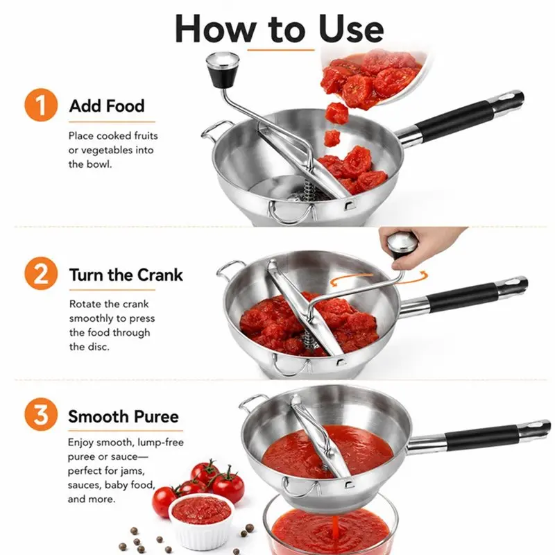 AT43-Ergonomic Stainless Steel Food Mill With 3 Disc, Rotary Design For Making For Tomato Sauce, Potatoes, Jams-Silicone Handle