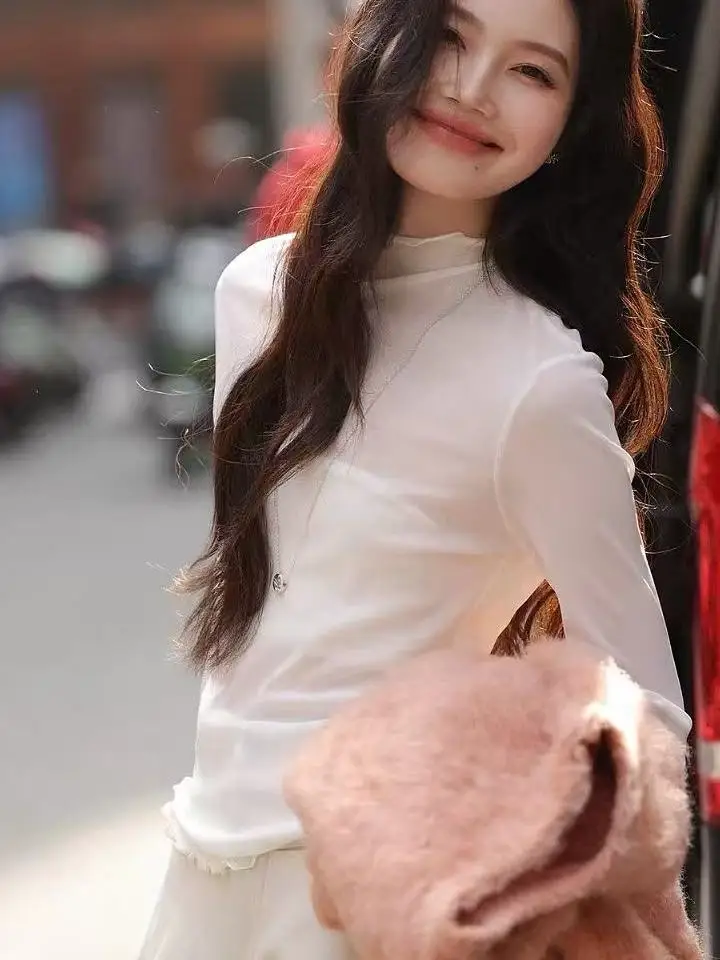 White Transparent Lace Base Shirt Women's Fashionable High Collar Thin Spring Autumn Mesh Inner Wear Net Shirt Lace Top