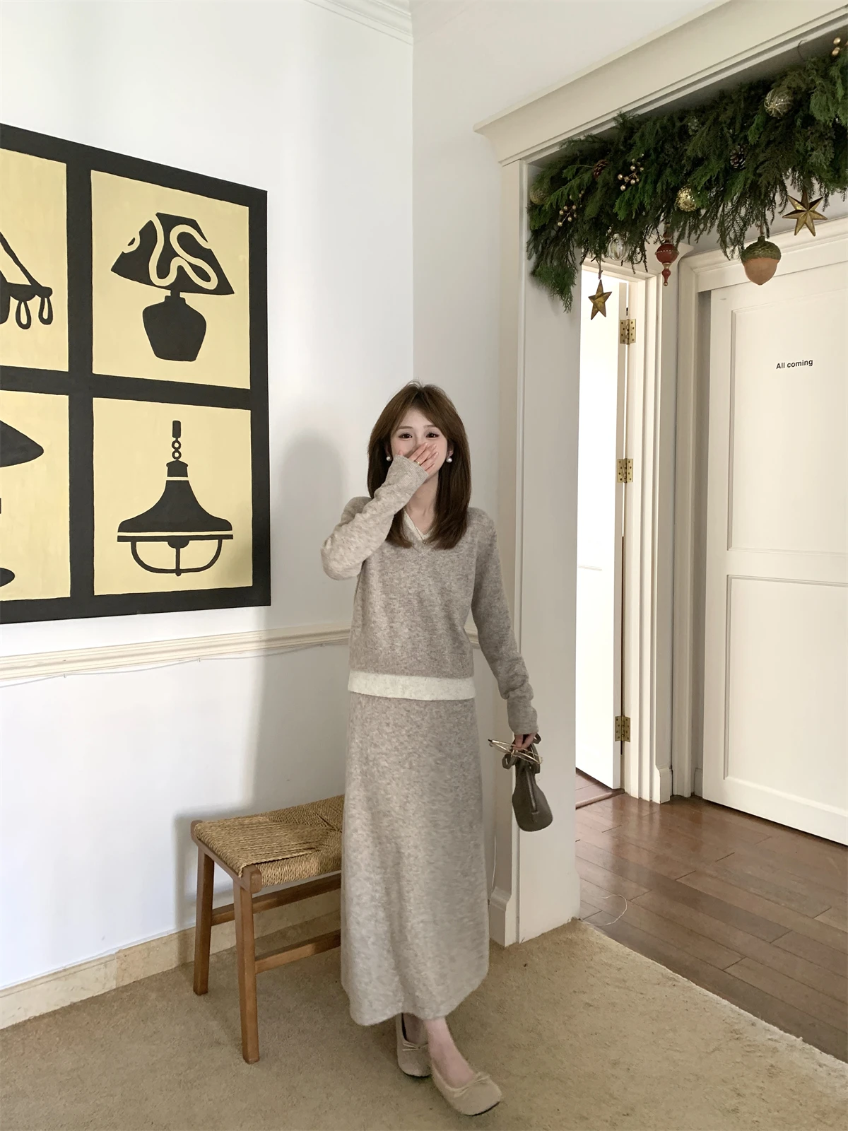 

FUGUI RICH Зимний теплый модный женский комплект из двух предметов: топ и юбка с V-образным вырезом, стандартный крой, повседневный, удобный, маленький размер