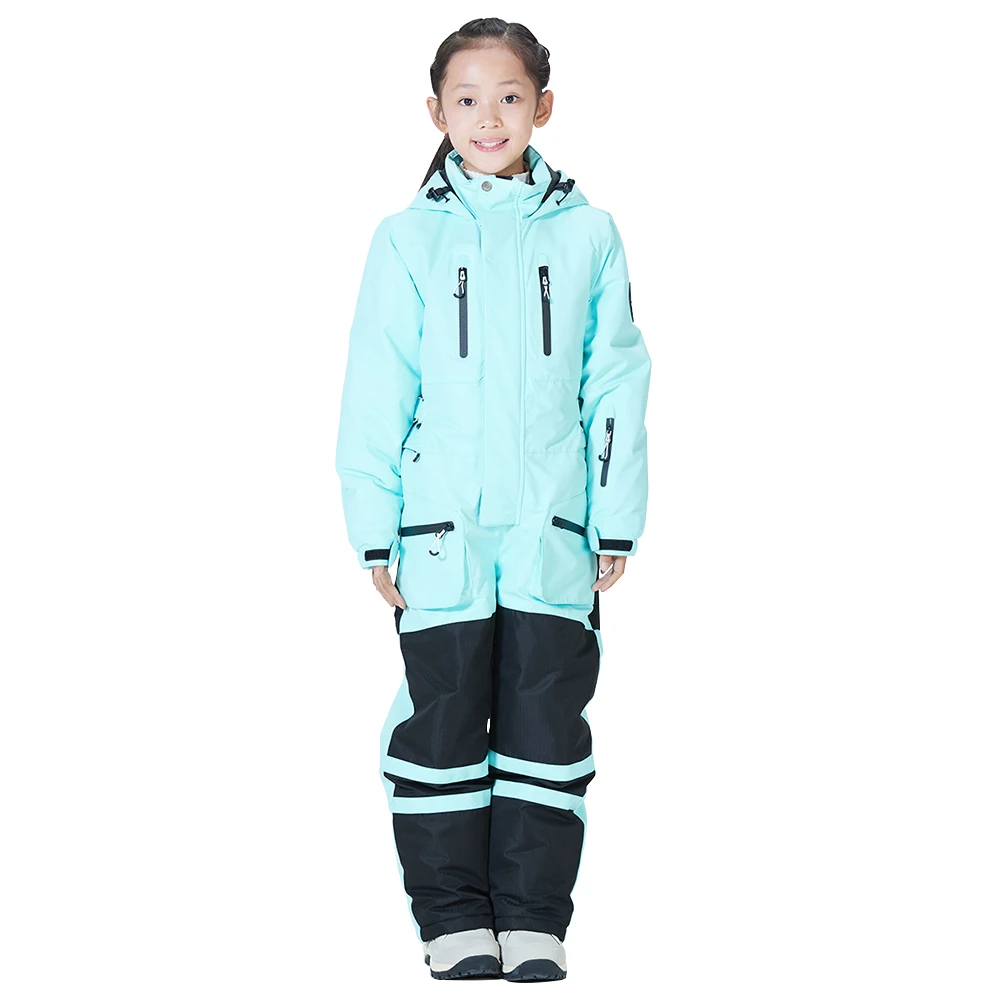 Children's Ski Overalls with Hood Windproof Waterproof Boys Ski Suit Girls Warm One-Piece Snowsuit Kids Winter Snowboarding Wear