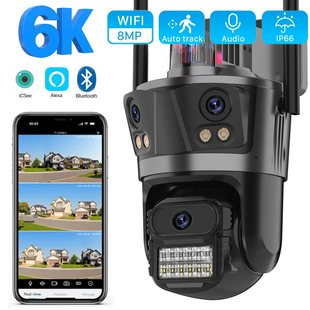 Kamera IP 6K 8MP WIFI Zewnętrzna kamera z trzema obiektywami Trzy obrazkowe HD 8X Zoom Detekcja ruchu Noktowizor Bezpieczeństwo Nadzór wideo CCTV