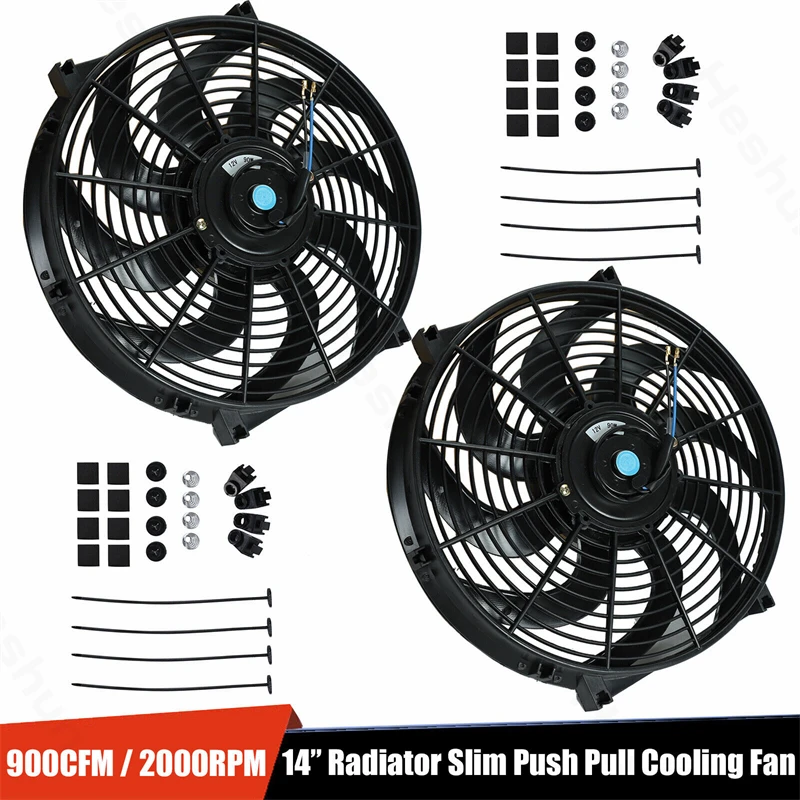 

2 Pieces 14" Inch Universal Slim Fan Push Pull Electric Radiator Cooling Fans 12V 80W Mount Kit 2400 RPM Black High Performance