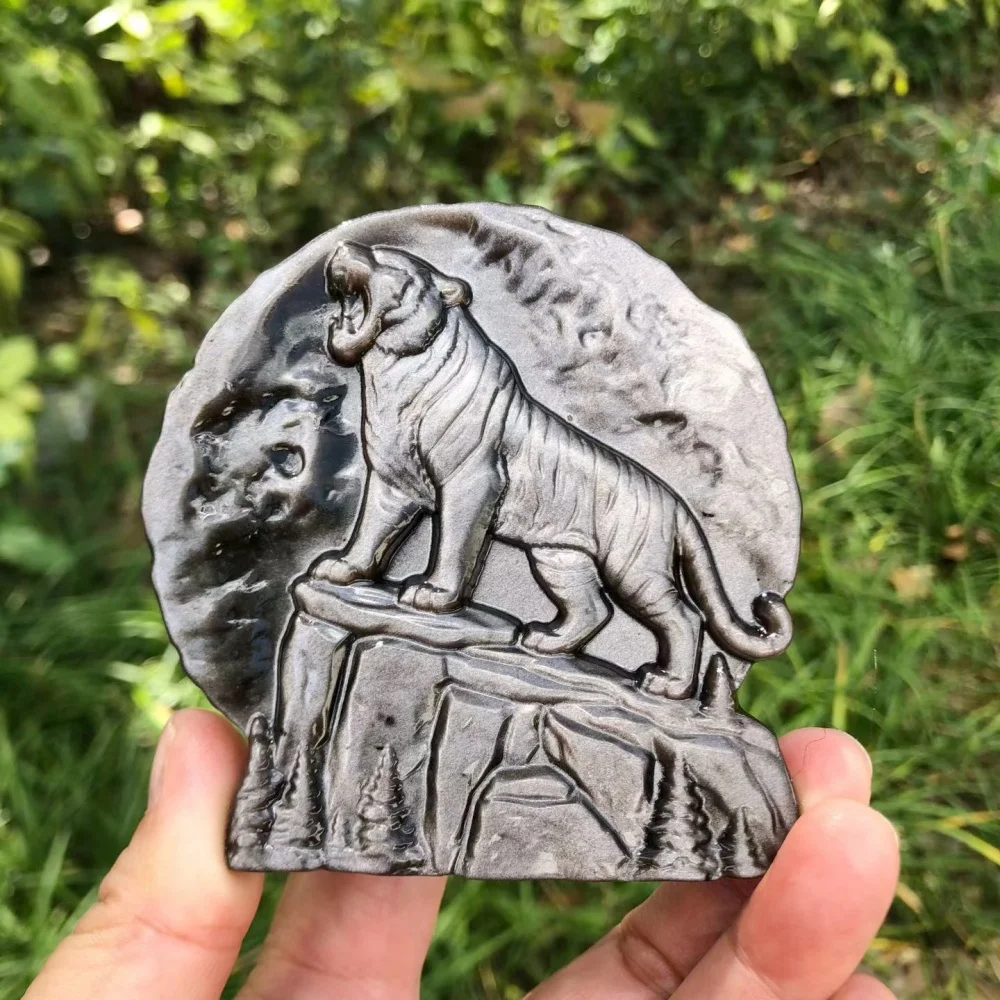 Natural Silver Obsidian Tiger Slab Figurine, Roaring Tiger Moon Mountain Relief Statue, Crystal Stone Ornament Decoration Craft