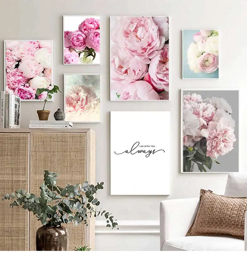 Pink Peony Floral Print Painting Home Decor Scandinavian Art Flower Canvas Poster Wall Picture Modern Living Room Decoration