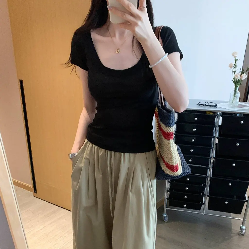 

Women's Khaki Thin Large U-Neck Short-Sleeved T-Shirt Relaxed Fit See-Through Top for Summer New Style Pure Right Shoulder