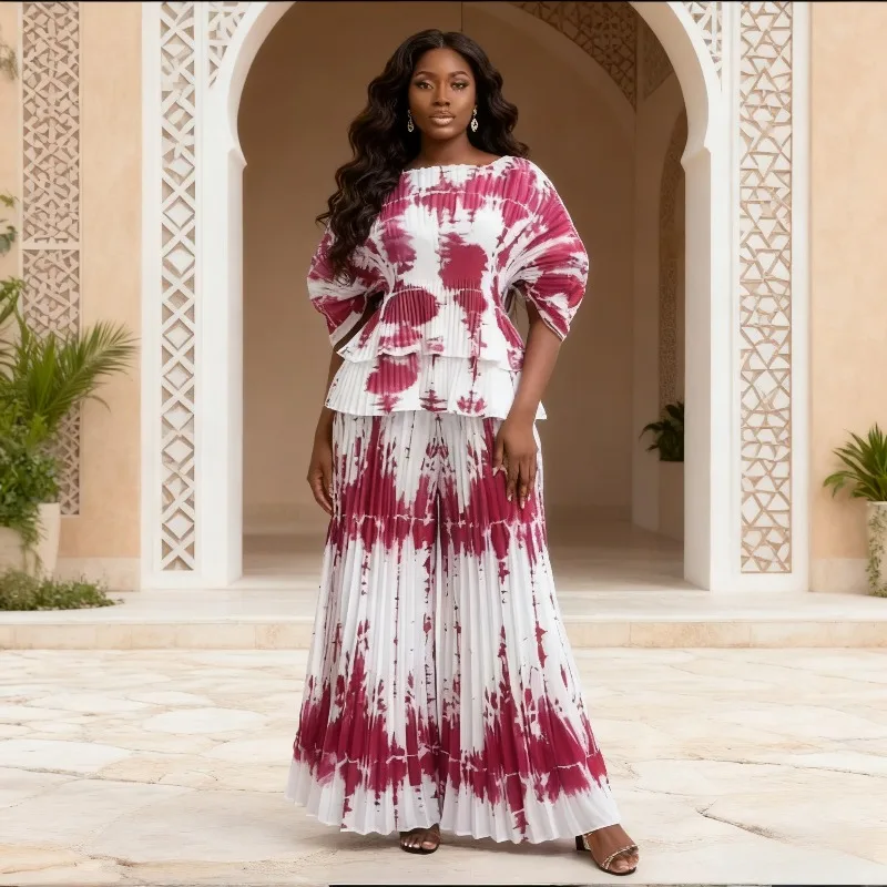 

Miyake Africa Женский плиссированный комплект больших размеров Модный свободный топ с рукавами «летучая мышь» и одним вырезом Широкие брюки Комплект одежды без морщин