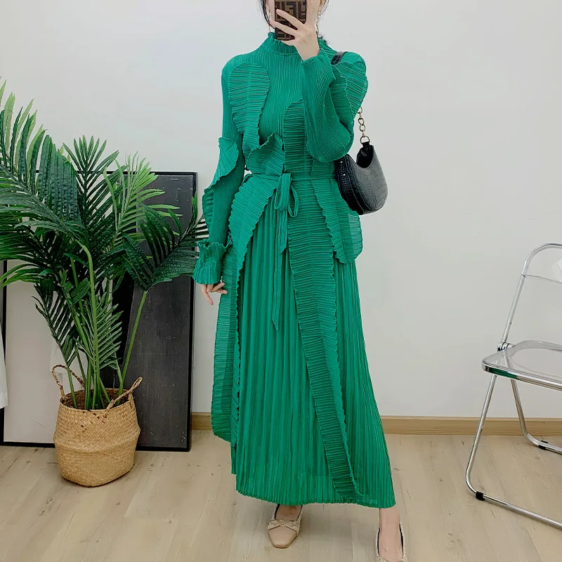 Fashion Pleated Ruffles Dress Women Stand Collar Belt Gathered Waist Long Dresses Elegant Party 2024 Spring New