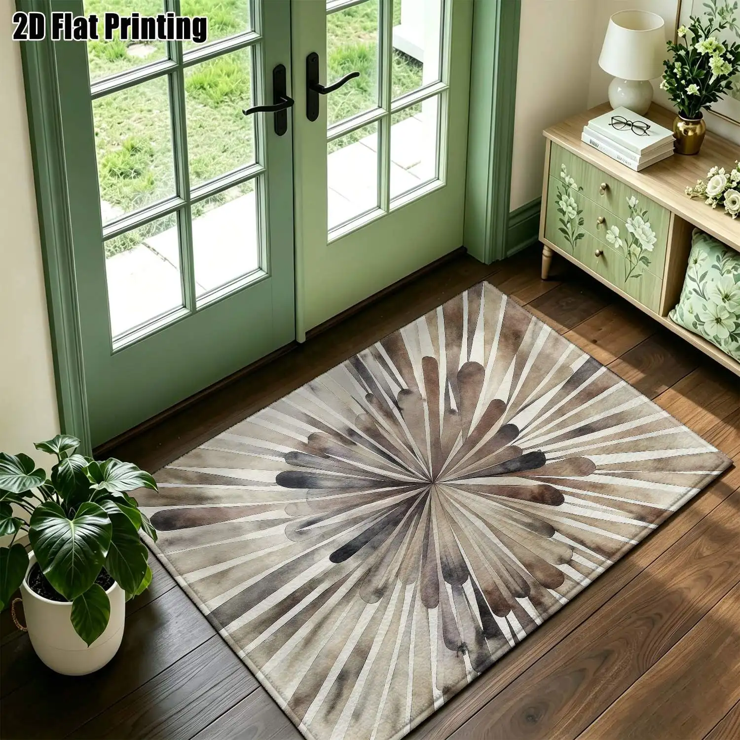1Pc 2D Printed Carpet: Gray-Brown Abstract Radial Pattern, Nordic/Modern Minimalist Geometric Striped Abstract Art Style Home Decor, Multi-Size, Machine Washable, Ideal for Entryway, Living Room, Bedroom, Dining Room, Foyer.