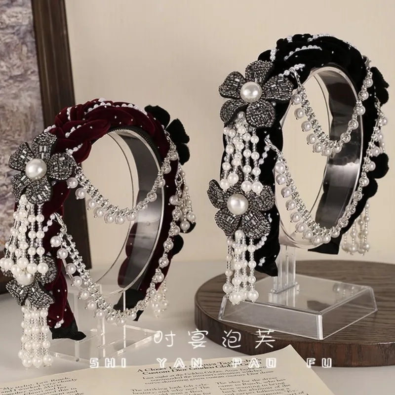 Ethnic Floral Velvet Headband Detachable Pearl Tassel Wide Hair Hoop Vintage Forehead Chain Dance Party Hair Accessories