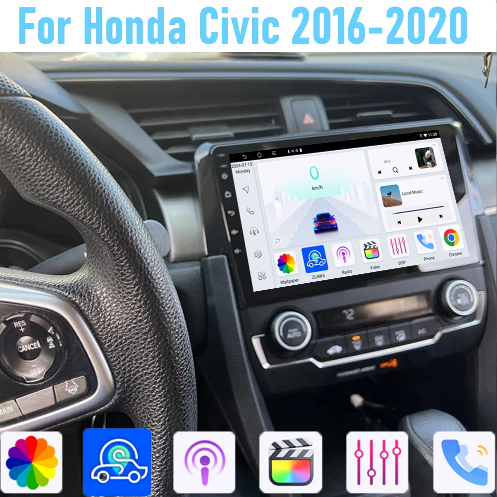 

9'' For Honda Civic 2016-2020 Car Radio Head Unit GPS Multimedia Carplay Android 15 Wireless Navigation Intelligent System BT