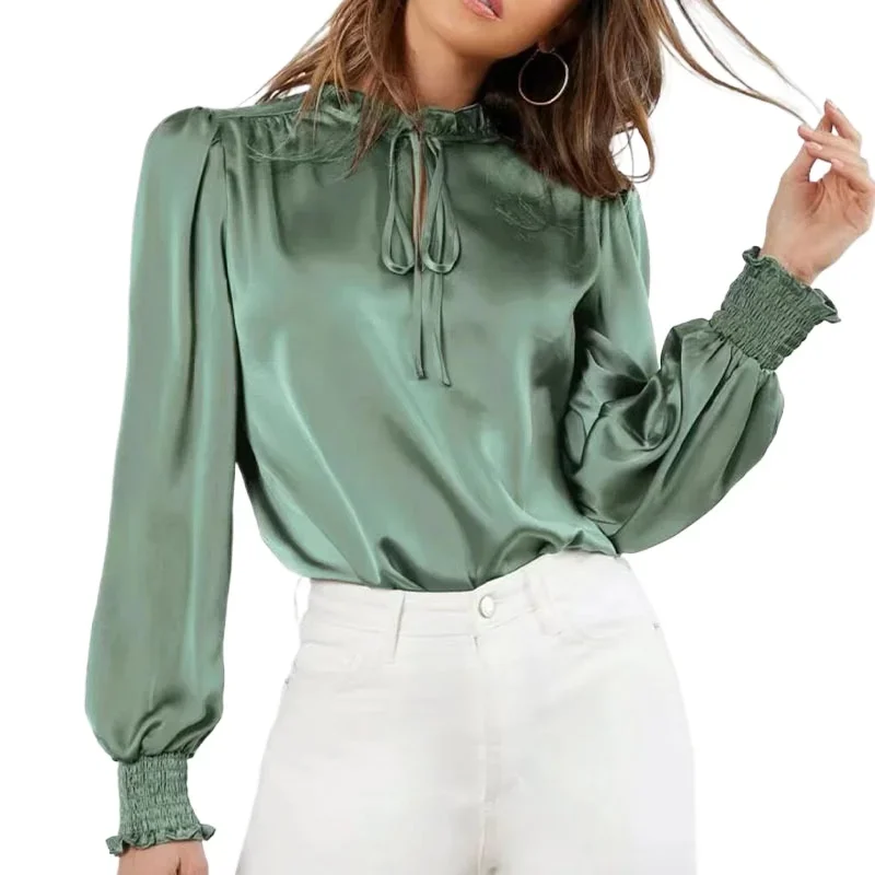 Women's shirt 2024 spring new elegant solid color round neck long sleeve tie blouse