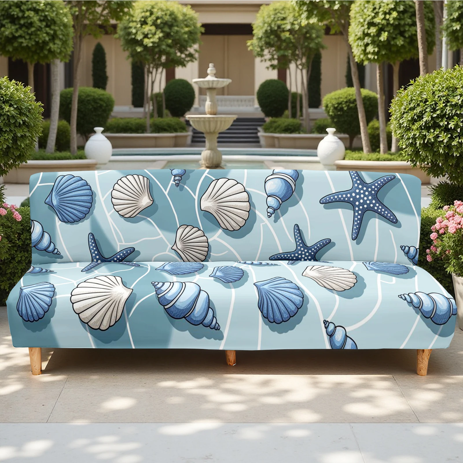 Beach Style Starfish Shell Printed Summer Outdoor Sofa Bed Cover, Elastic Milk Silk Couch Cover, Washable &