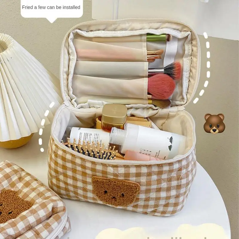 Cute Bear Makeup Pouch Large Capacity Portable Cosmetic Box Checkerboard Lattice Women Case Bags Female Storage Make Up Cases