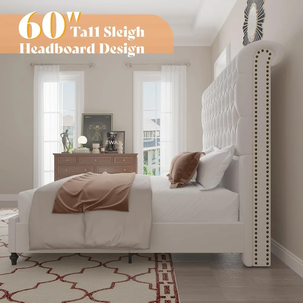 AMERLIFE Estrutura de cama queen size com cabeceira traseira de 60" de altura, plataforma estofada em veludo, design de trenó capitoné com botões, sem caixa