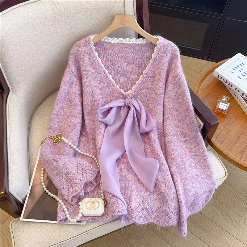

French High-end Large Bow V-neck Sweater for Women in Autumn and Winter Mid-length Sweater Top