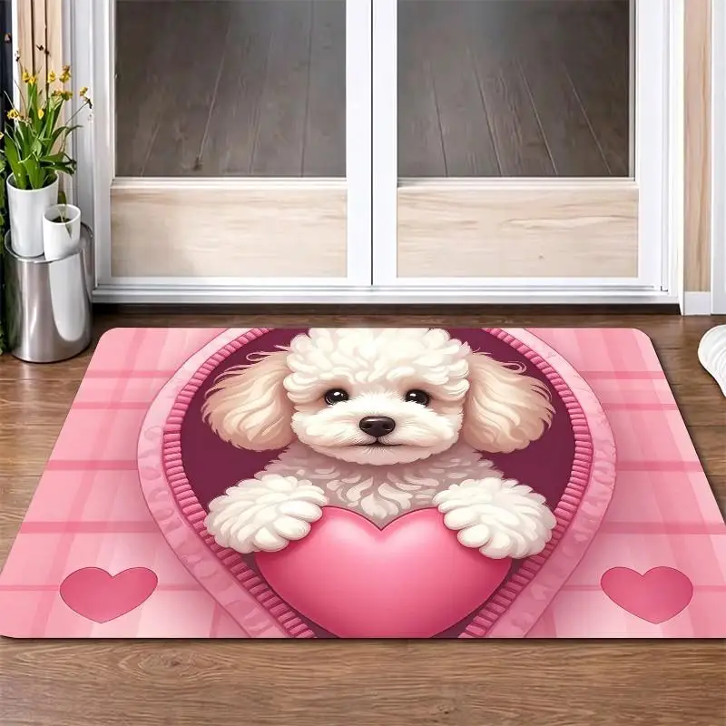 1 Piece Printed Carpet, Soft Comfortable, All Seasons Suitable, Lightweight Easy Care, Home Decor, Room Decor, Bedroom, Living Room, Entryway, Winter, Autumn, Cute Cartoon Poodle Pink Hearts Plaid