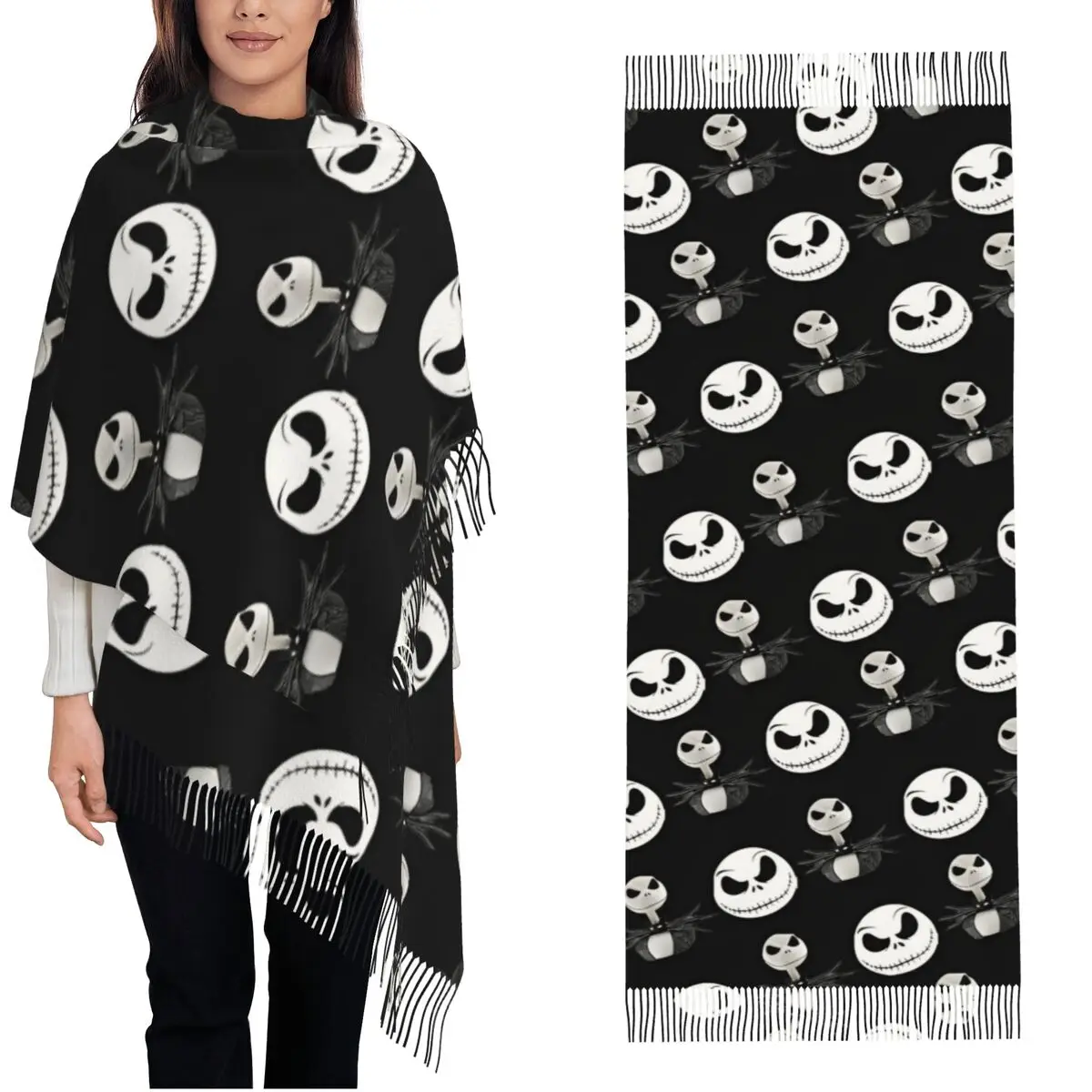 Women\'s Scarf with Tassel Nightmare Before Christmas Jack Skellington Large Soft Warm Shawl Wrap Xmas Gifts Cashmere Scarf