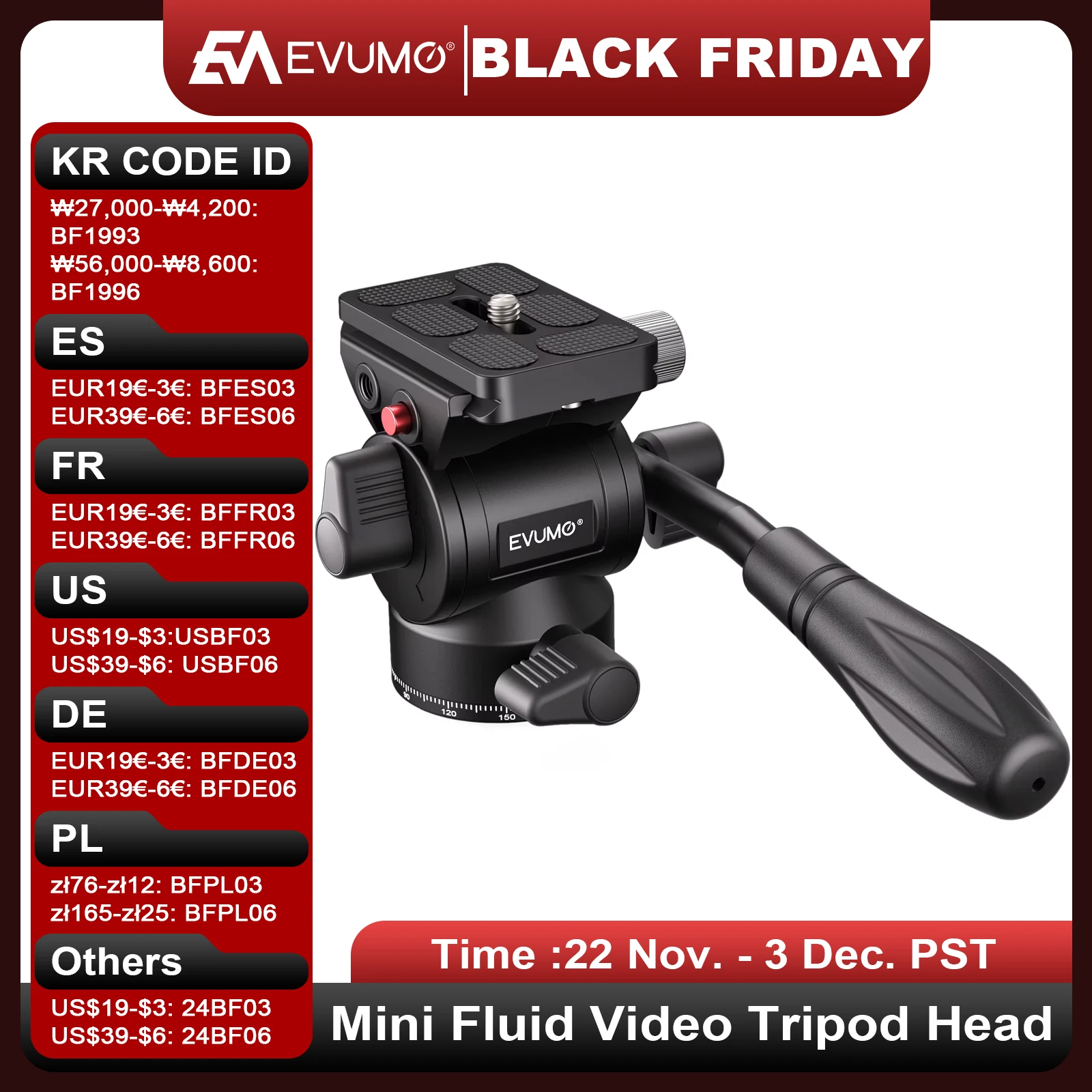 EVUMO V1N Mini Fluid Video Tripod Head -70°to +90° Light Ball Head Handle Adjusta for Phone Camera ble Lightweight Portable