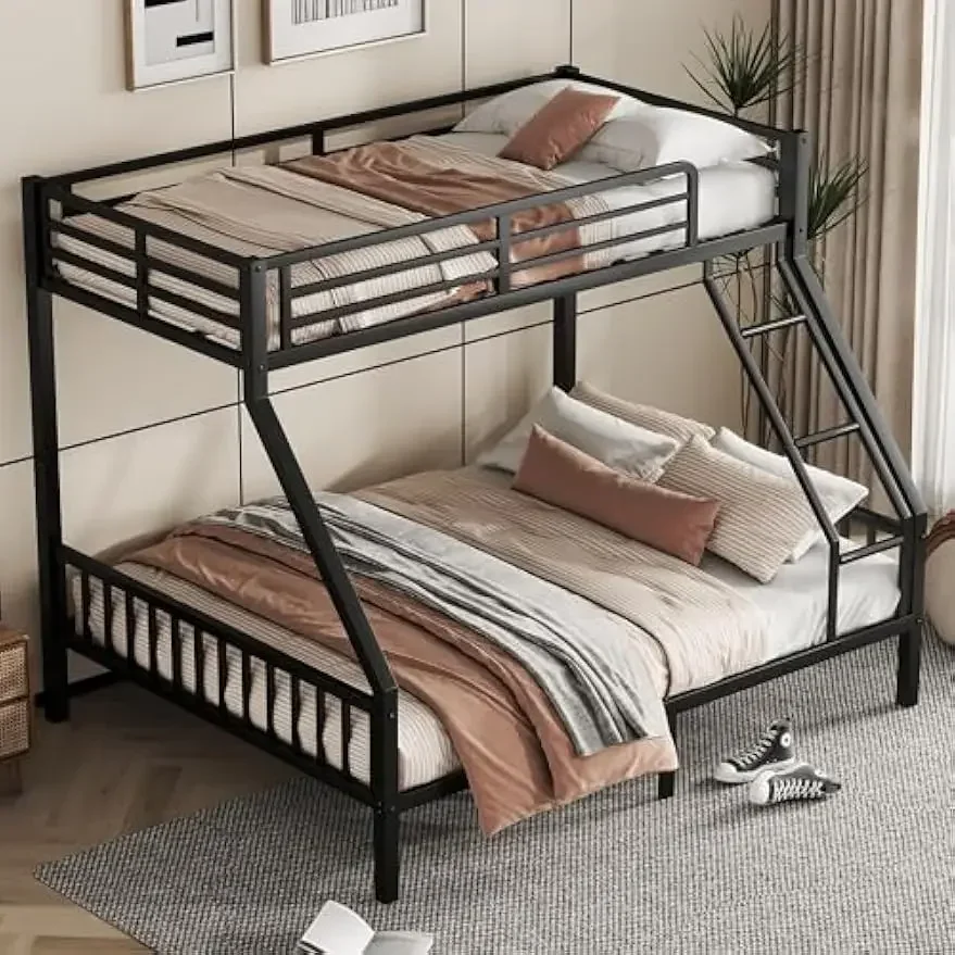 Over Queen Bunk Bed, Heavy Duty Bunk Bed with PVC Rubber Cover Ladder and Full-Length Guardrails, Metal Queen Bed Frame with Sla