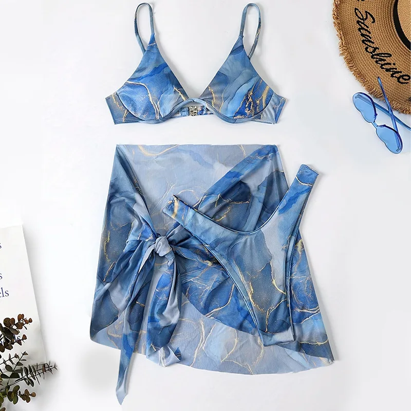 2026 New Multi-Color Printed Bikini Set Sexy Three-Piece Women's Swimsuit Steel Belted Patterned Design Fashionable Swimwear