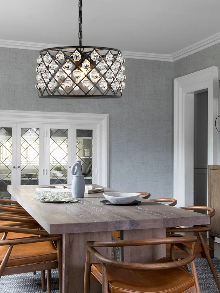 

Walkway Crystal Chandeliers Restaurant Black Metal Triditional Hanging Lights Round Ceiling Lustre Dining Room Home Pendant Lamp