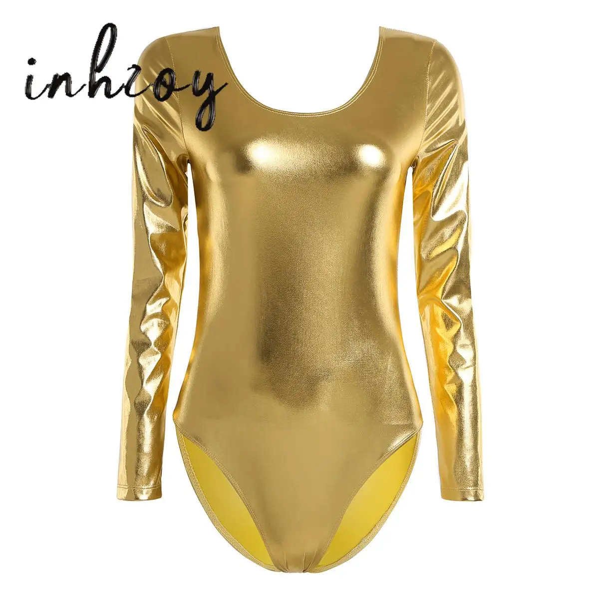 

Women Long Sleeve Shiny Metallic Gymnastics Leotard Ballet Jersey Dance Costume Silver Swimsuit Tight Jumpsuit Bodysuit Body Top