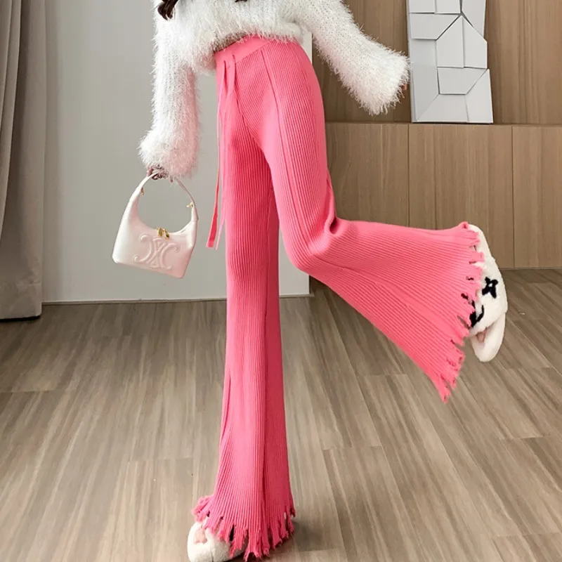 Fungus Patchwork Wide Leg Pants High Waist Drawstring Solid Color Knitting Trousers Women Loose Straight Pantalones