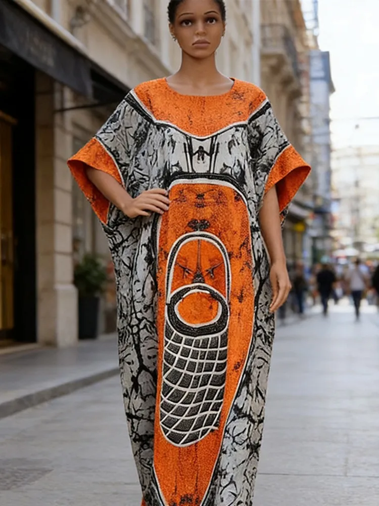 

New Cover Up Africa Fashion Boho Popular Print Twill Kaftan Maxi Dress Summer Beach Bohemian Batwing Sleeve Long Dress For Lady