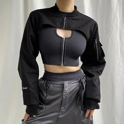 HOUZHOU Techwear Versatile Long Sleeve Zipper Cropped Bomber Jacket with Solid Flap Pockets for Women Irregularly Aesthetic