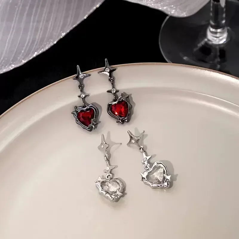 Y2K Goth Heart Cross Star Pendant Earrings Women Red Zircon Love Dangle Earring Gothic Irregular Tassel Earrings Fashion Jewelry