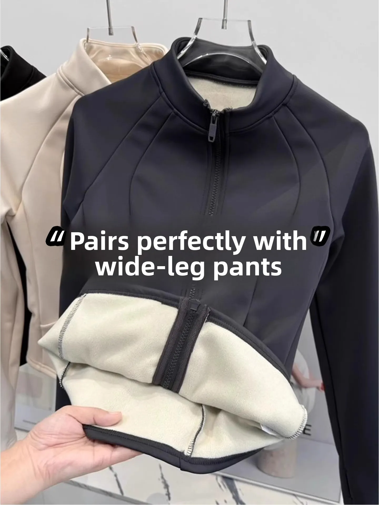 

Fce Lined Double Zipper Stand Collar Slim Fit Yoga Fitn Jaet Women's Autumn Winter Sports Top Gym Fitn Outerwear