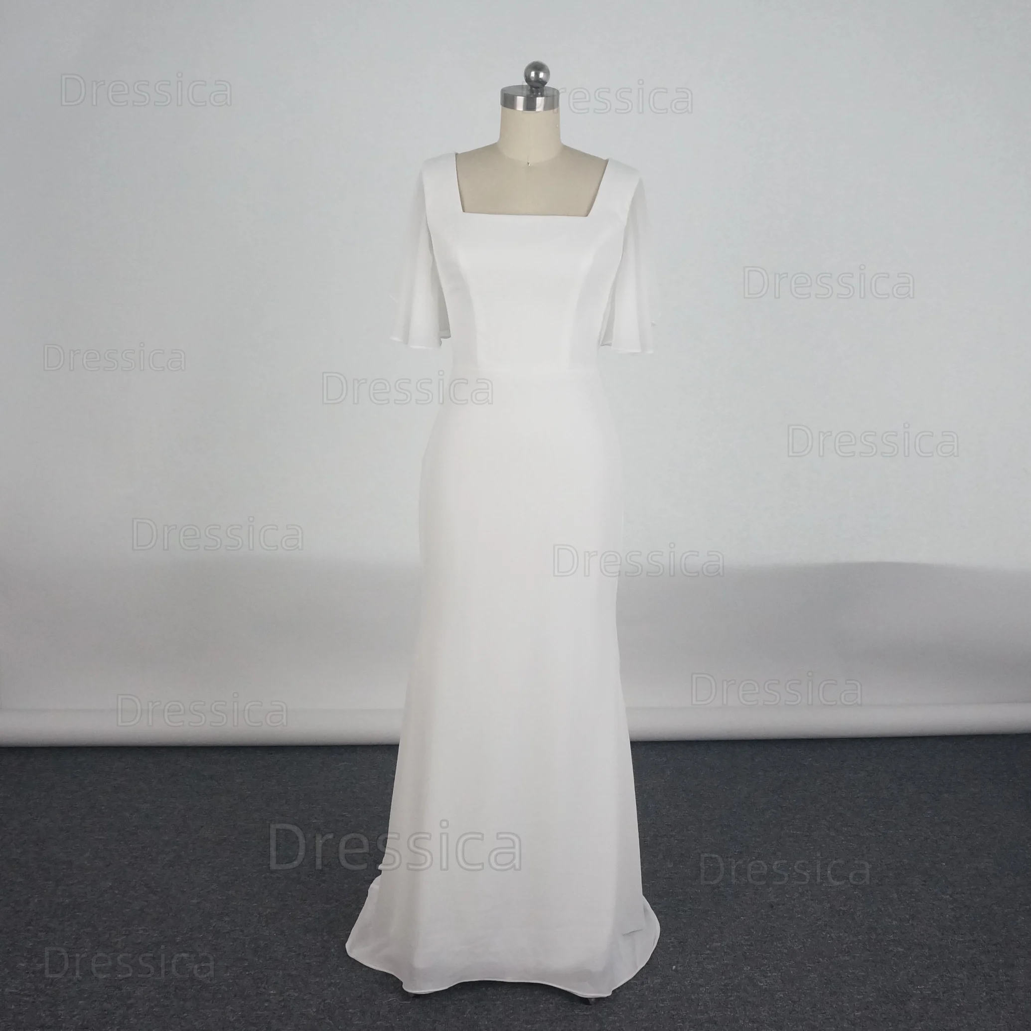 Elegant Chiffon Wedding Dress with Short Flare Sleeve Square Neck Slim Fit Sheath Beach Reception Bridal Gown