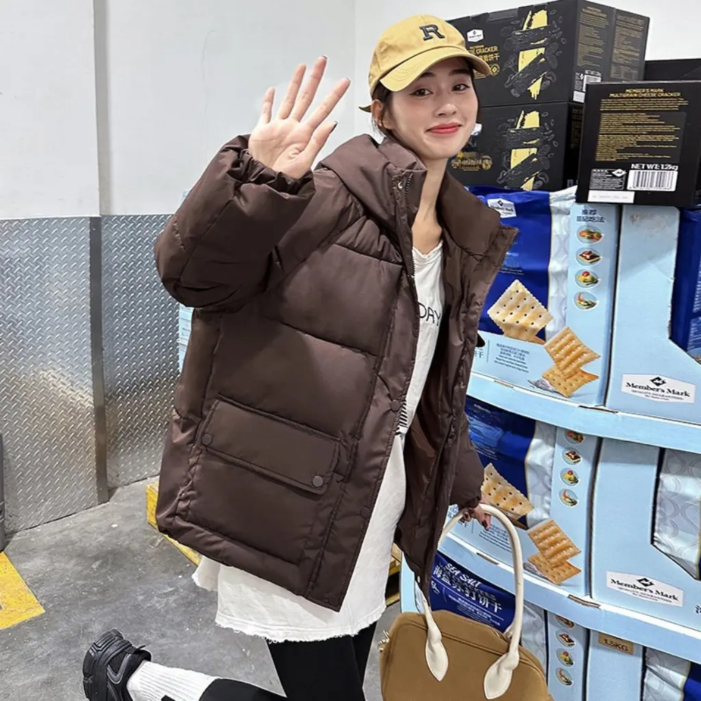 

Женская зимняя пуховая хлопковая куртка с капюшоном, короткая возрастная куртка в студенческом стиле, теплая повседневная женская верхняя одежда