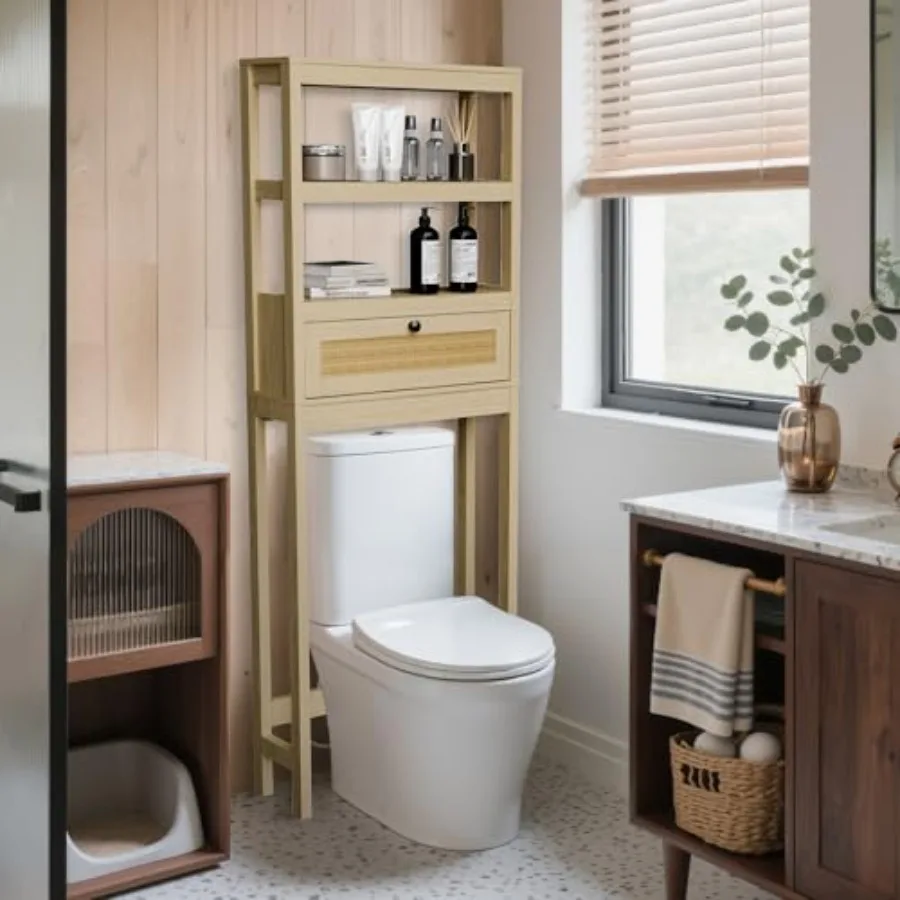 

Over The Toilet Storage Cabinet, 3-Tier Behind Toilet Bathroom Organizer, Wooden Above Toilet Storage Shelf with Rattan Door, S