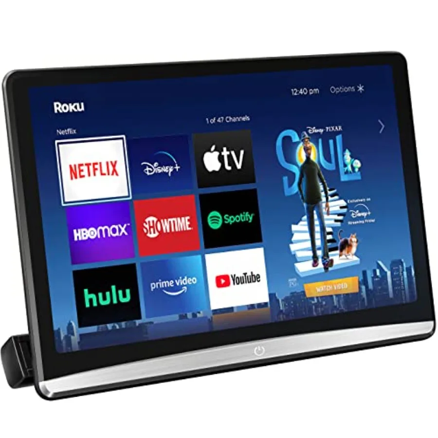 

Portable car TV headrest monitor for back seat use, 12.4-inch 4K touch screen, black ABS plastic, wireless mirroring and AirPla